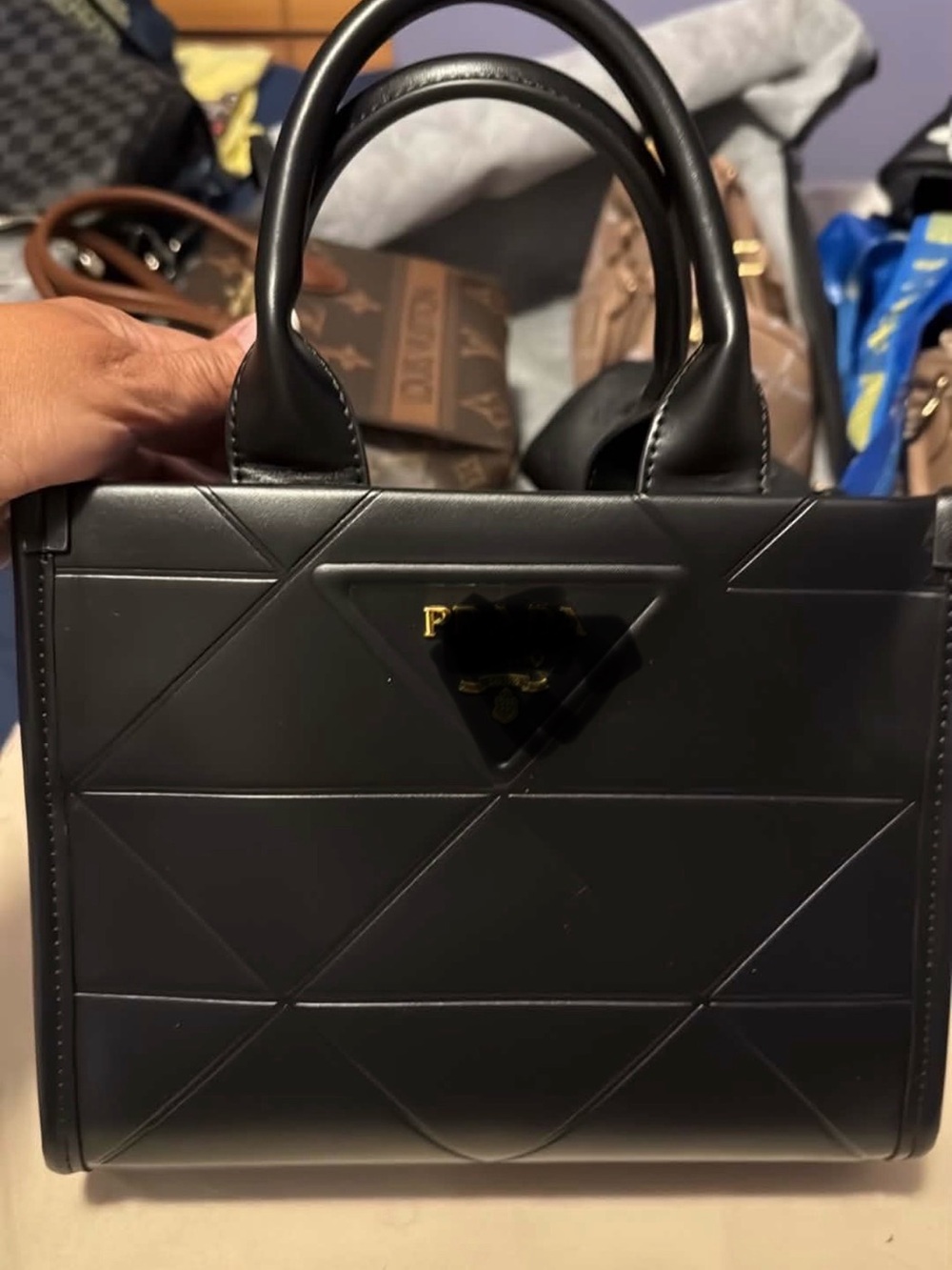Black Structured Leather Tote Bag with Top Handles